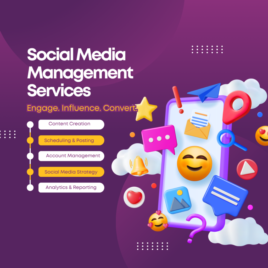 purple and yellow modern social media management services linkedin post
